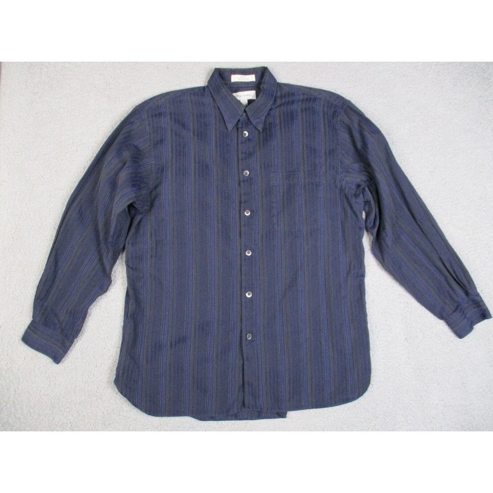 John W Nordstrom Shirt Mens Large Black Blue Striped Long Sleeve Button Cotton